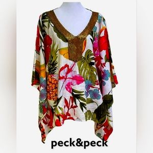 Peck & Peck Linen Floral Poncho Top Copper Beaded Neckline Kimono Sleeves XL